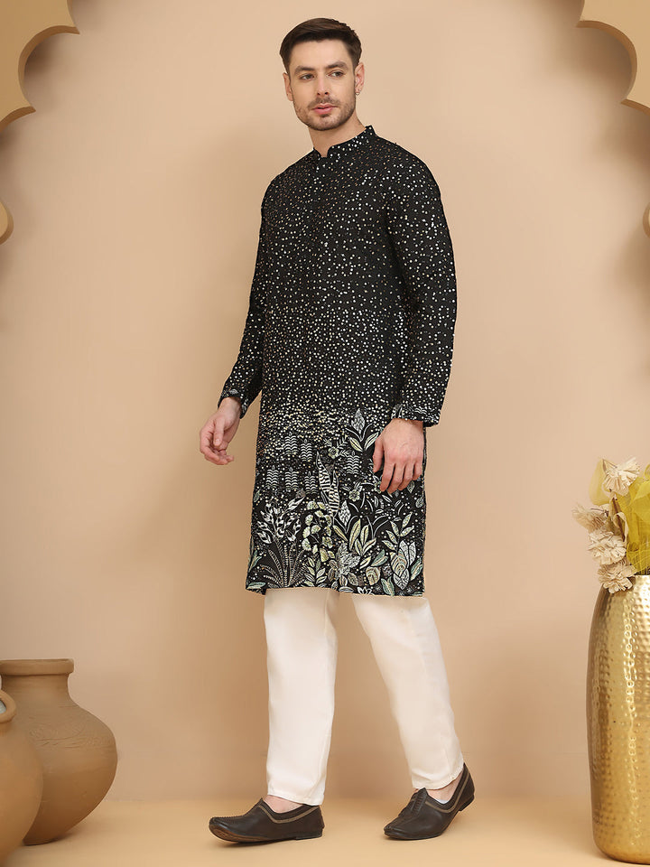 Embroidered And Sequins Silk Blend Kurta Pyjama Set.