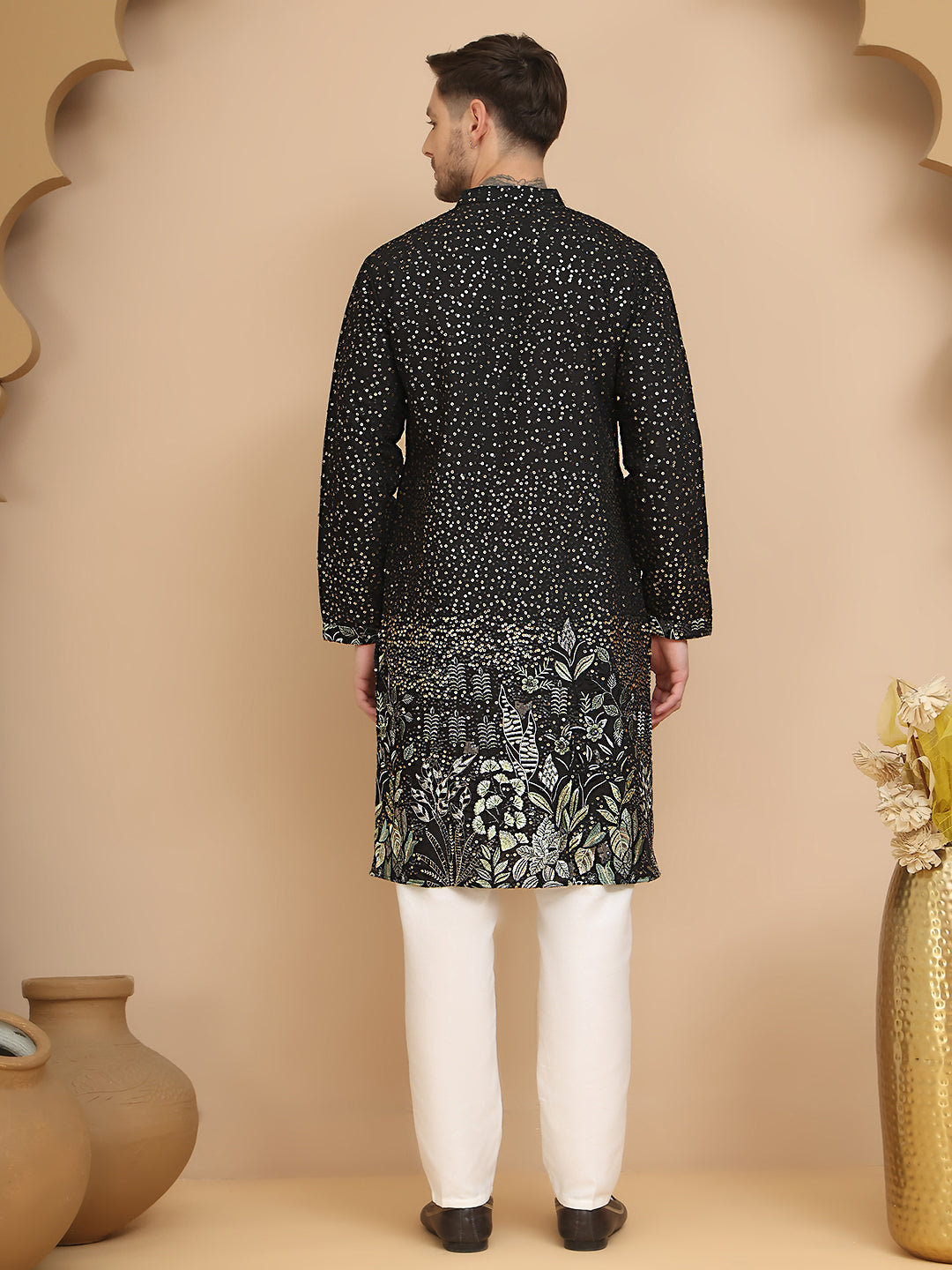 Embroidered And Sequins Silk Blend Kurta Pyjama Set.
