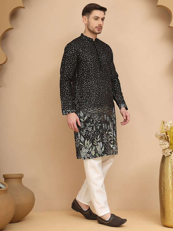 Embroidered And Sequins Silk Blend Kurta Pyjama Set.