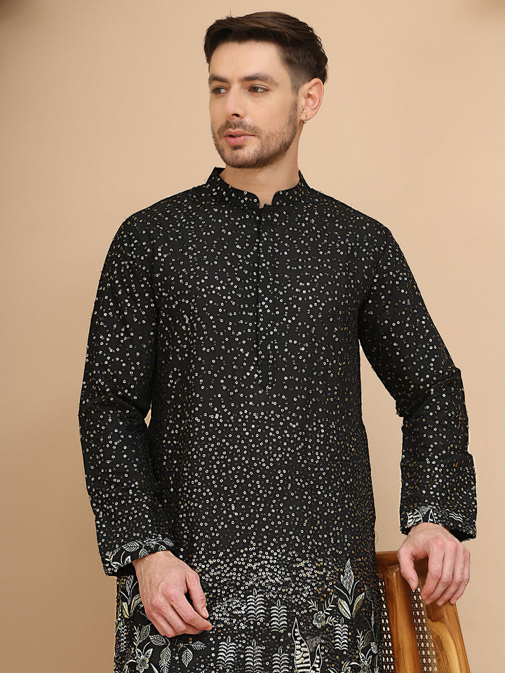 Embroidered And Sequins Silk Blend Kurta Pyjama Set.