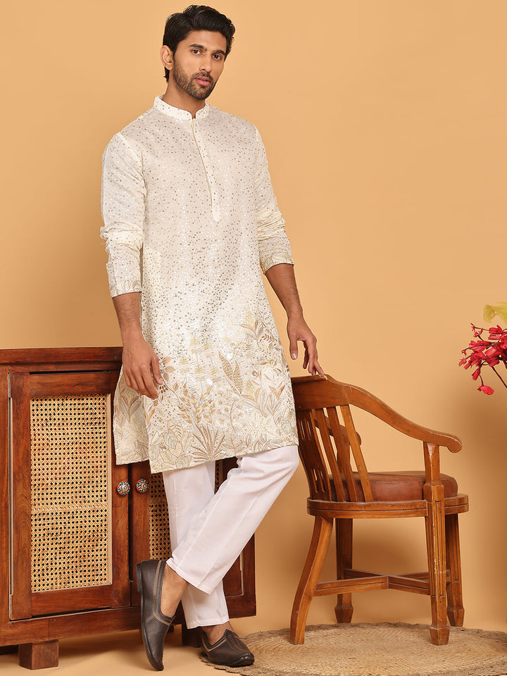 Embroidered And Sequins Silk Blend Kurta Pyjama Set.