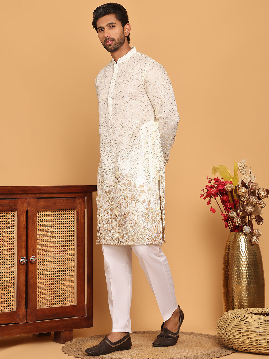 Embroidered And Sequins Silk Blend Kurta Pyjama Set.