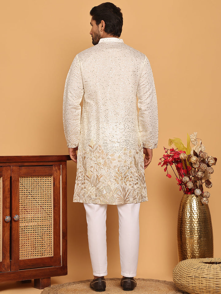 Embroidered And Sequins Silk Blend Kurta Pyjama Set.
