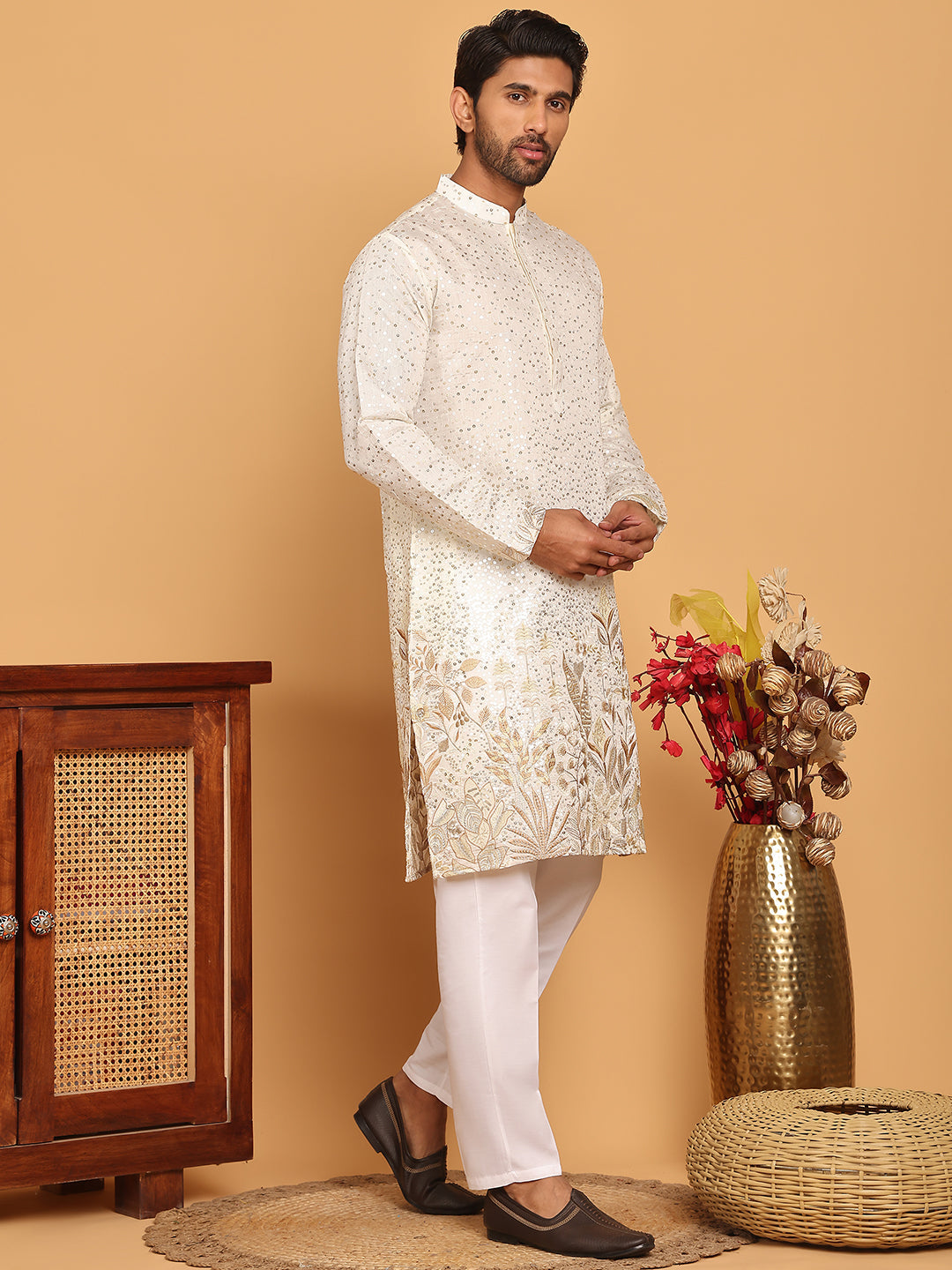 Embroidered And Sequins Silk Blend Kurta Pyjama Set.