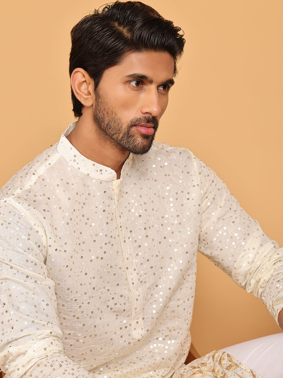 Embroidered And Sequins Silk Blend Kurta Pyjama Set.