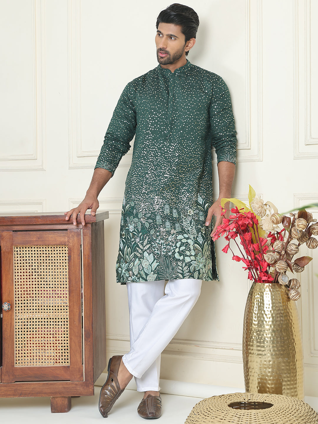 Embroidered And Sequins Silk Blend Kurta Pyjama Set.