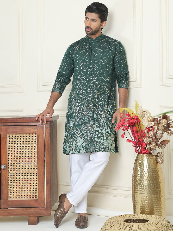 Embroidered And Sequins Silk Blend Kurta Pyjama Set.