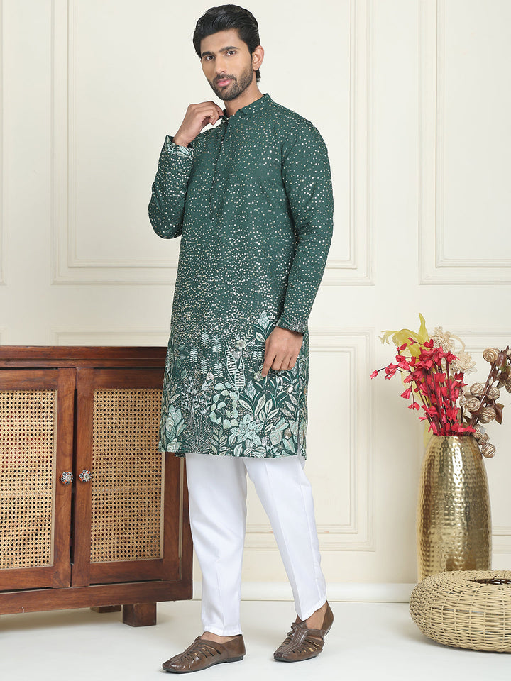 Embroidered And Sequins Silk Blend Kurta Pyjama Set.