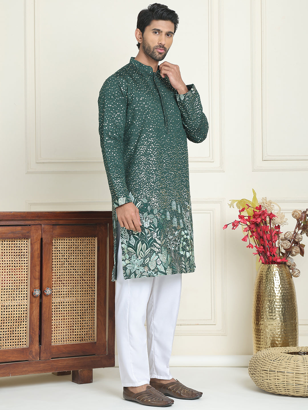 Embroidered And Sequins Silk Blend Kurta Pyjama Set.