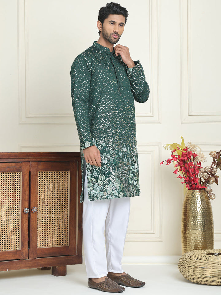 Embroidered And Sequins Silk Blend Kurta Pyjama Set.