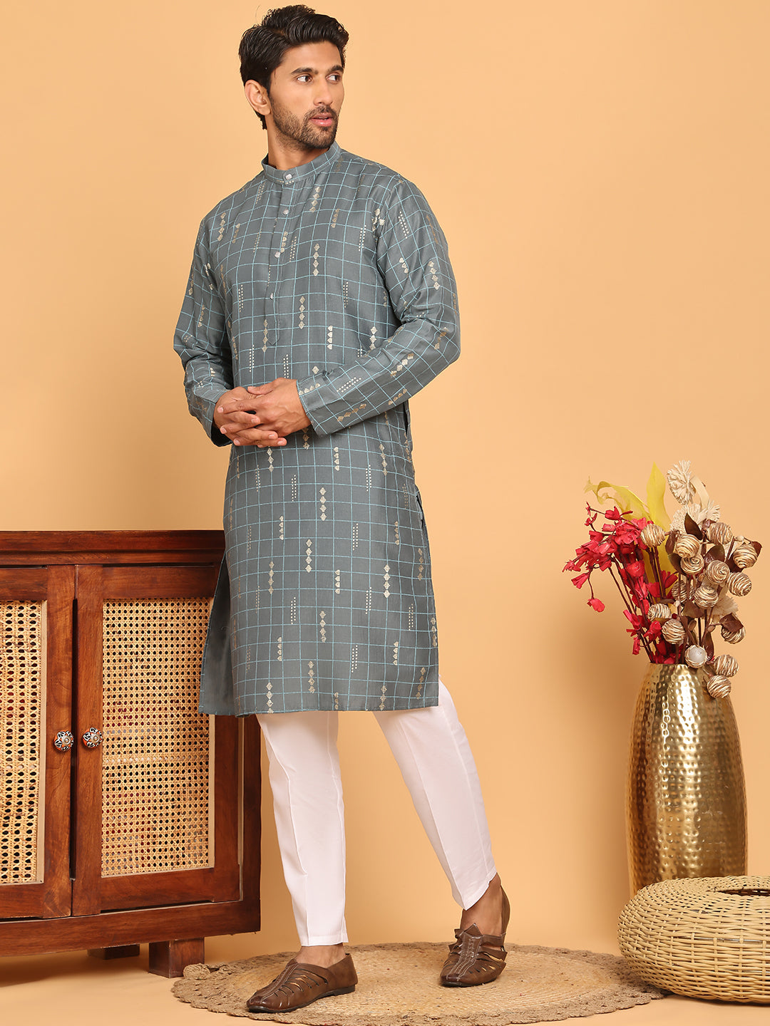 Foil Printed Straight Kurta Pyjama Set For Men