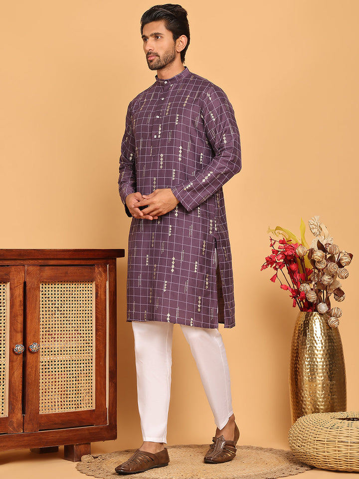 Foil Printed Straight Kurta Pyjama Set For Men