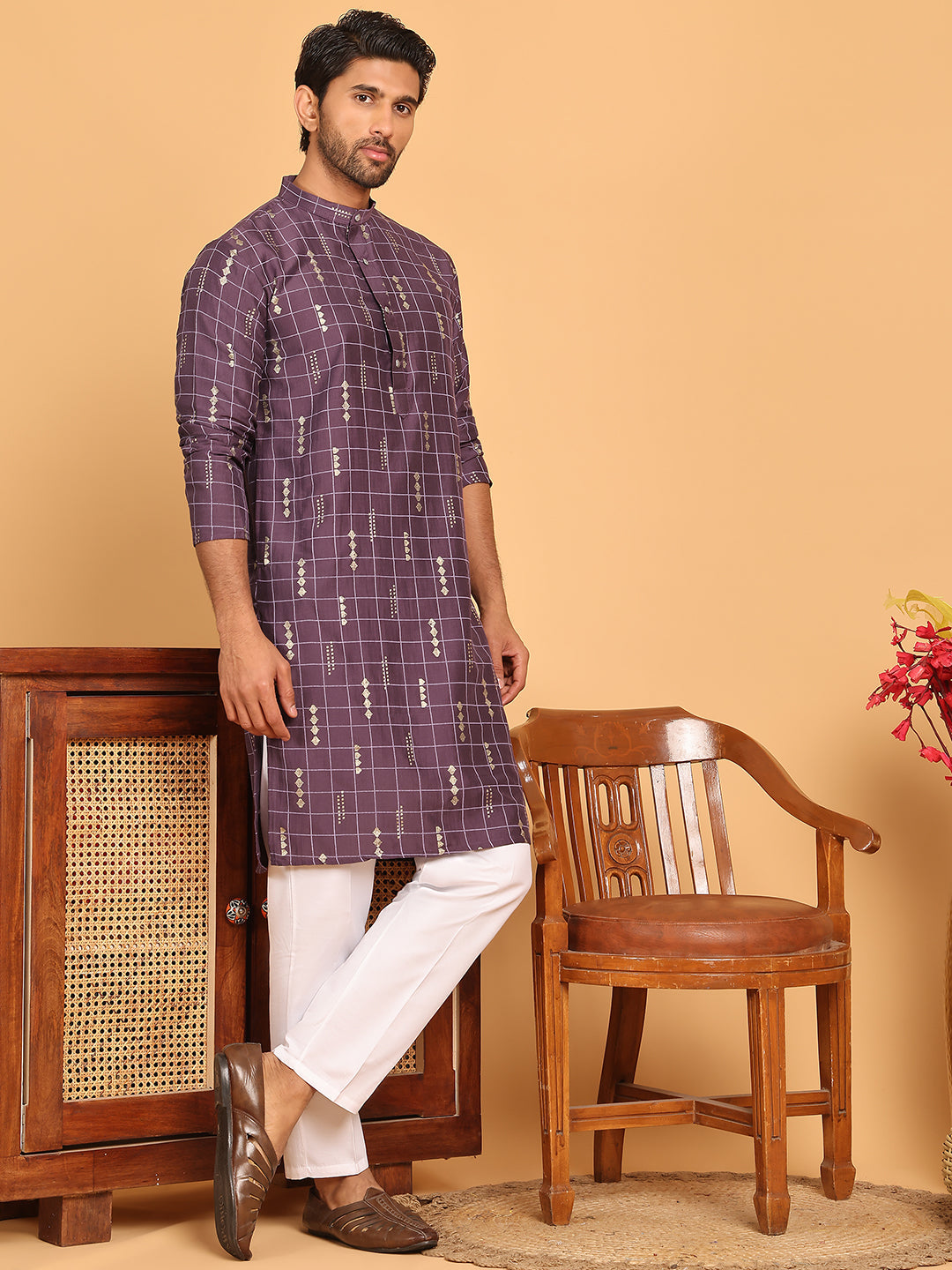 Foil Printed Straight Kurta Pyjama Set For Men