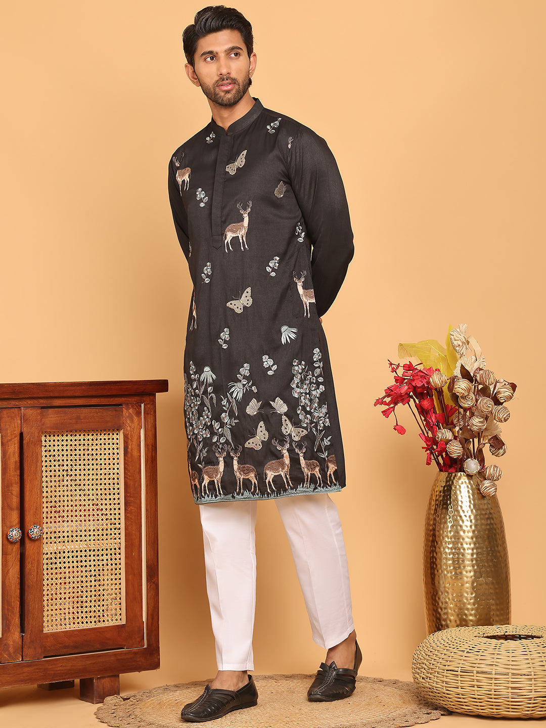 Embroidered Straight Kurta Set For Men