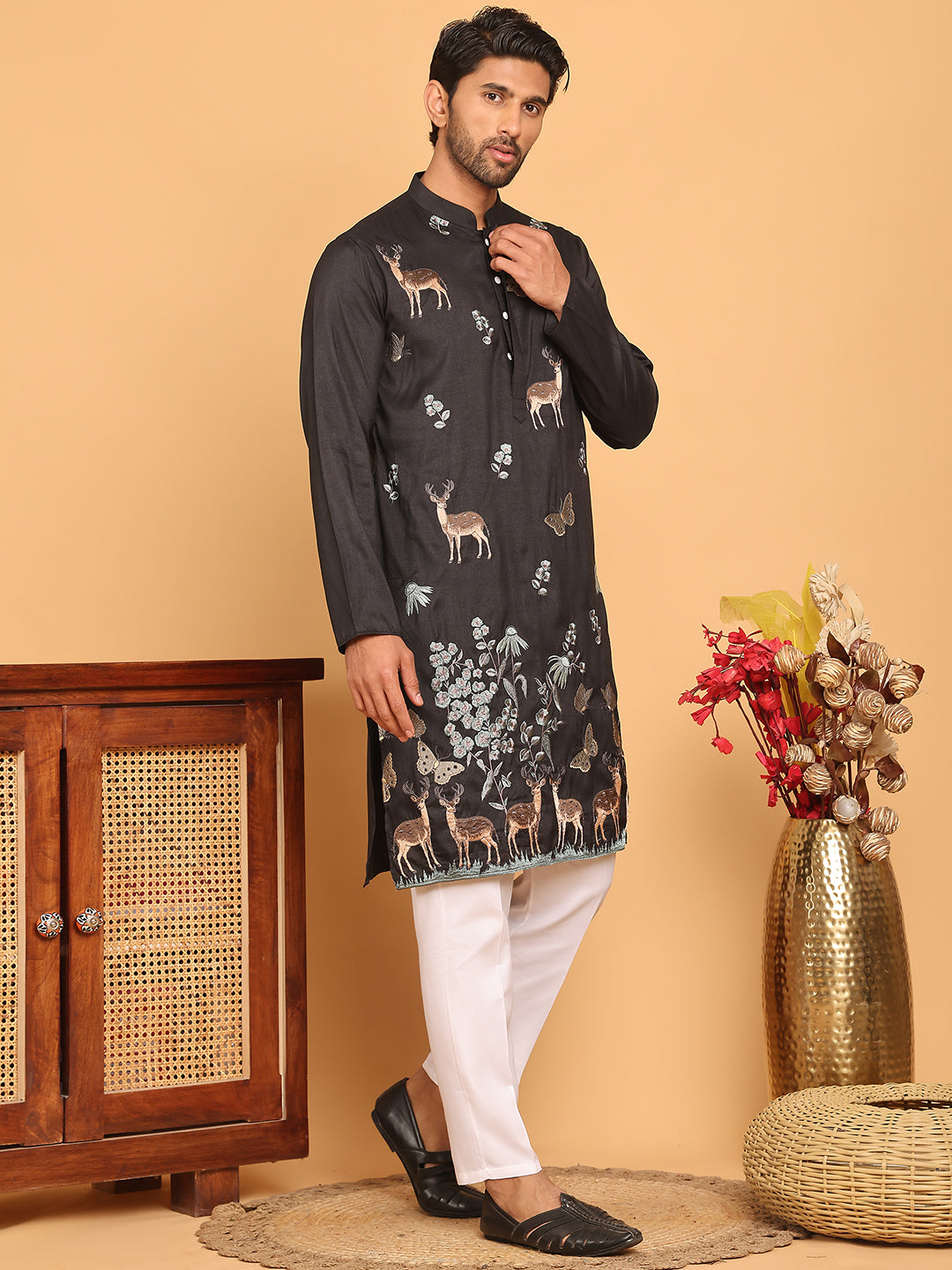 Embroidered Straight Kurta Set For Men