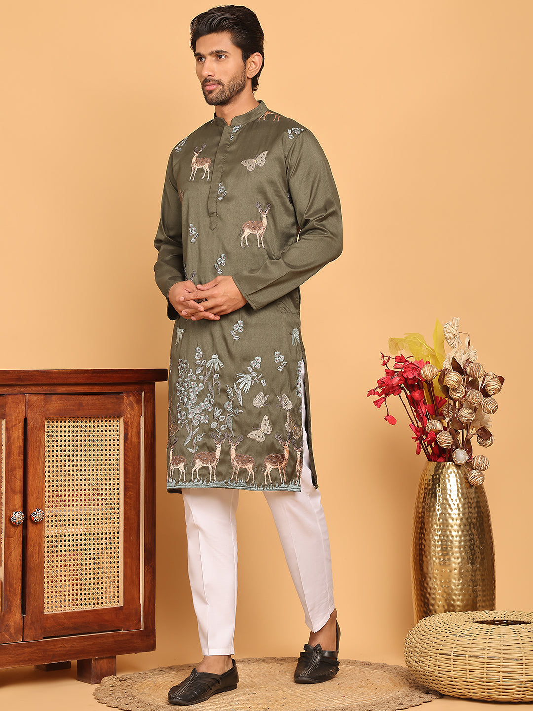 Embroidered Straight Kurta Set For Men