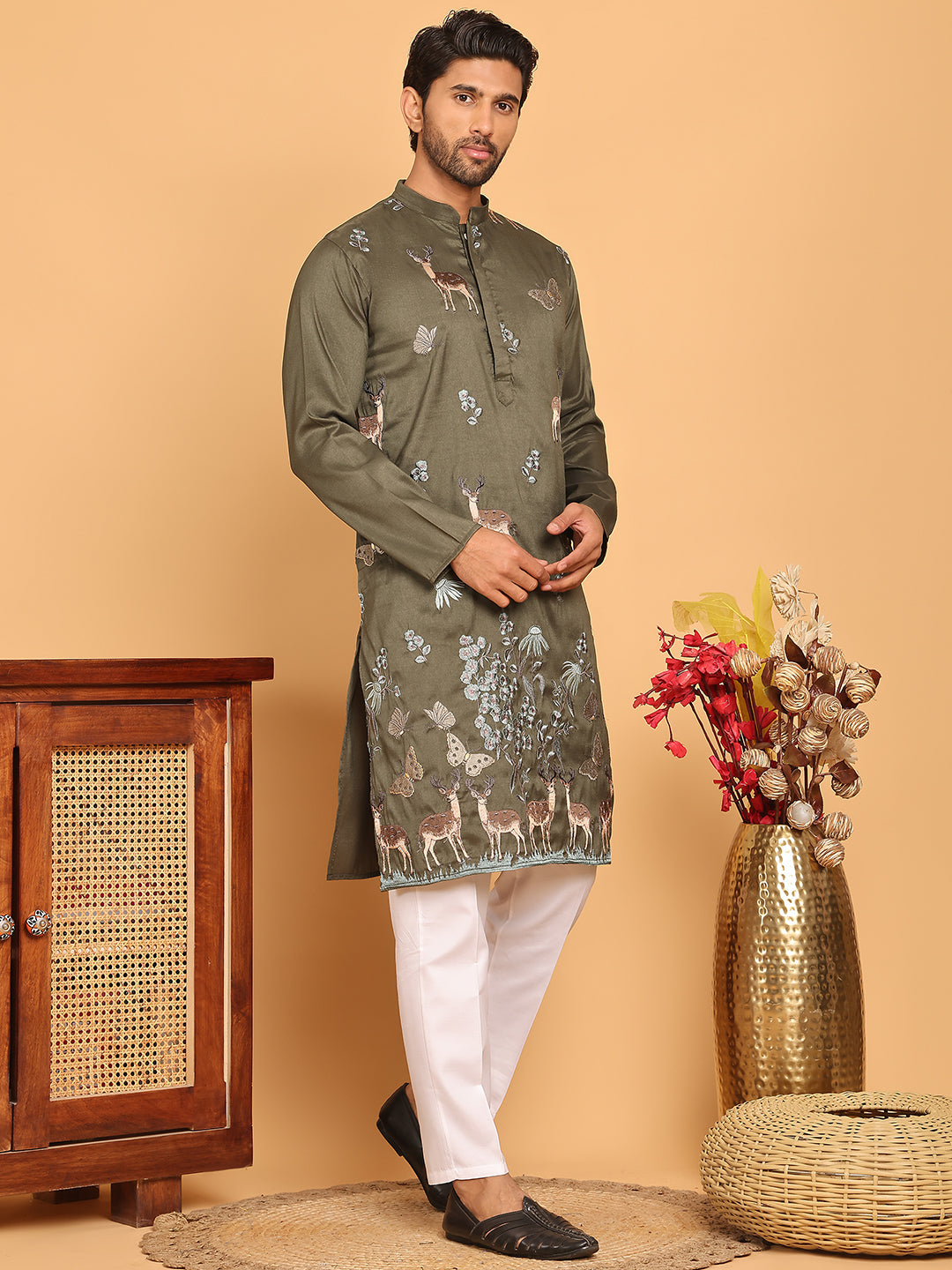 Embroidered Straight Kurta Set For Men