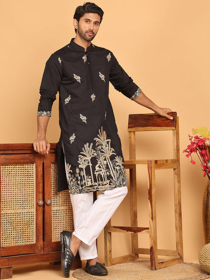 Black Embroidered Straight Kurta Set For Men