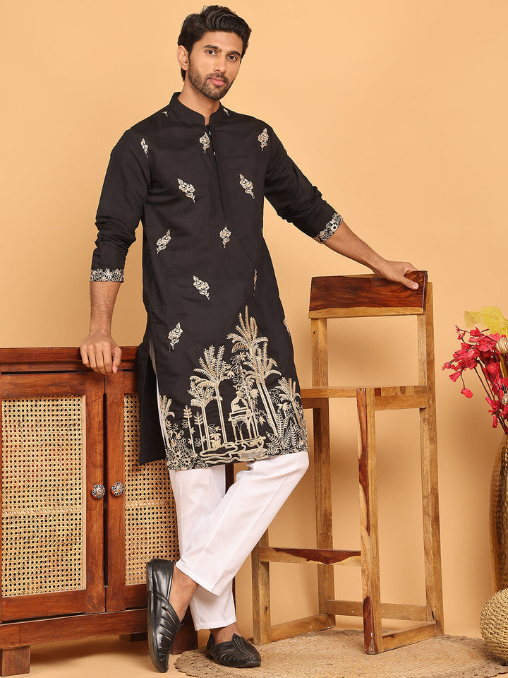 Black Embroidered Straight Kurta Set For Men