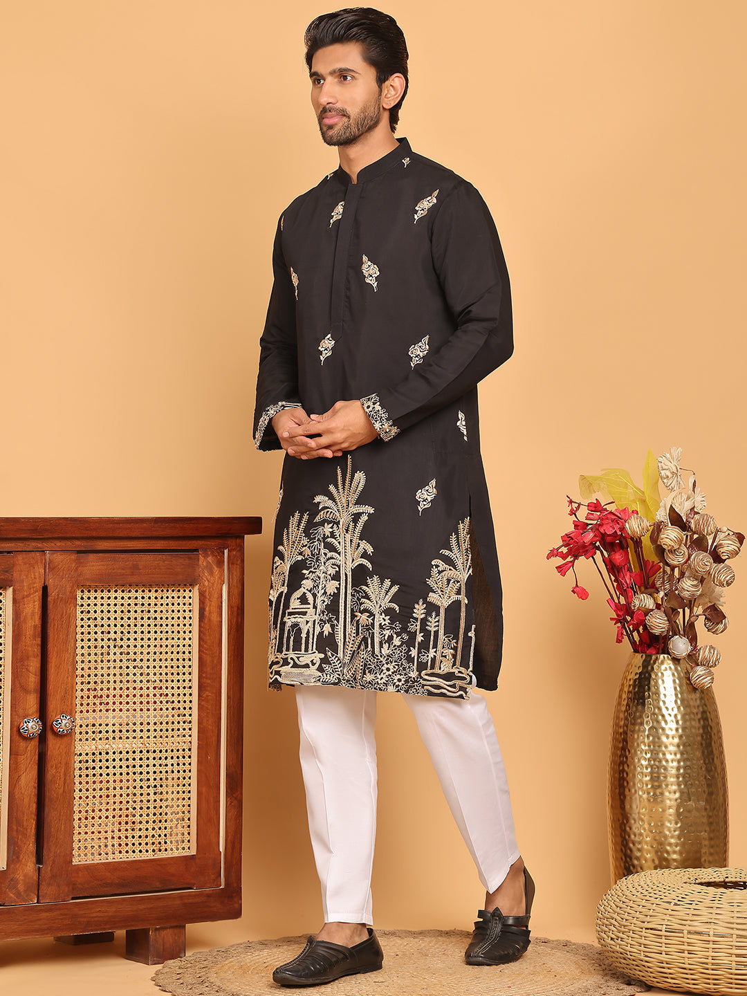 Black Embroidered Straight Kurta Set For Men