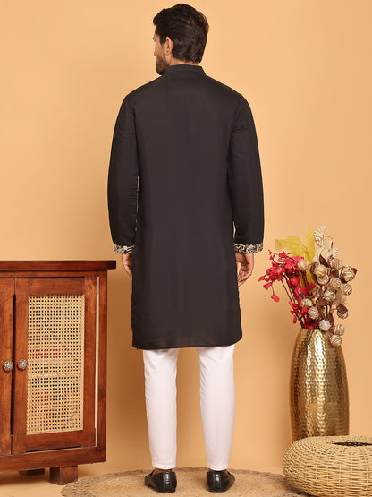 Black Embroidered Straight Kurta Set For Men