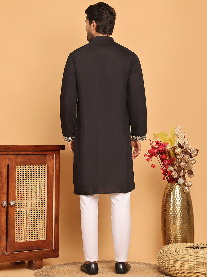 Black Embroidered Straight Kurta Set For Men