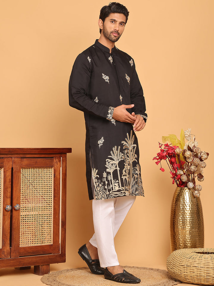 Black Embroidered Straight Kurta Set For Men