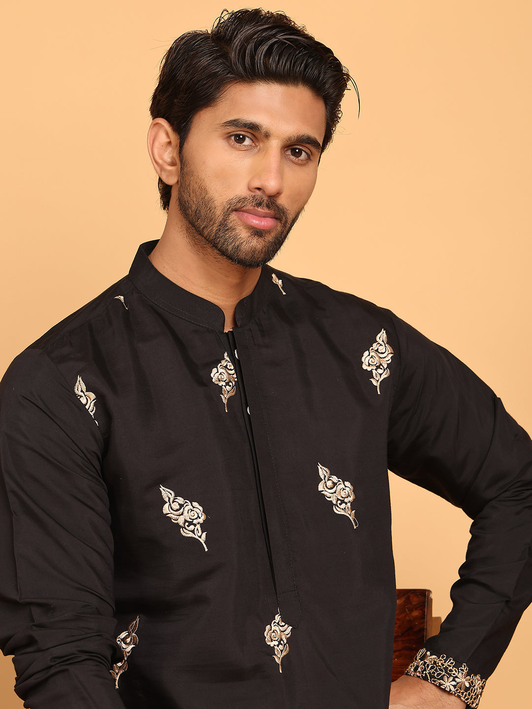 Black Embroidered Straight Kurta Set For Men
