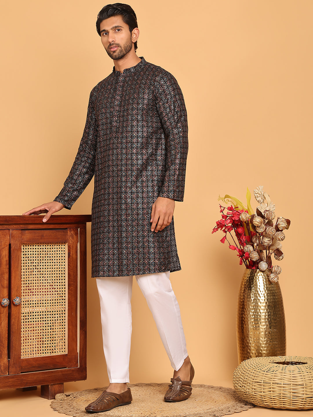 Embroidered And Sequins Viscose Rayon Kurta Set For Men