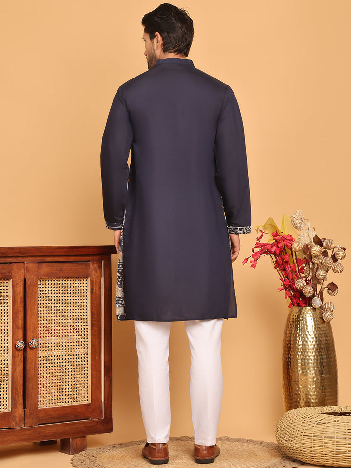 Navy Blue Embroidered Straight Kurta Set For Men