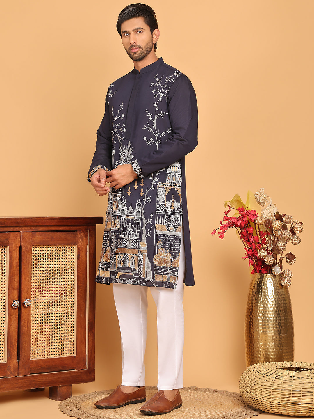 Navy Blue Embroidered Straight Kurta Set For Men