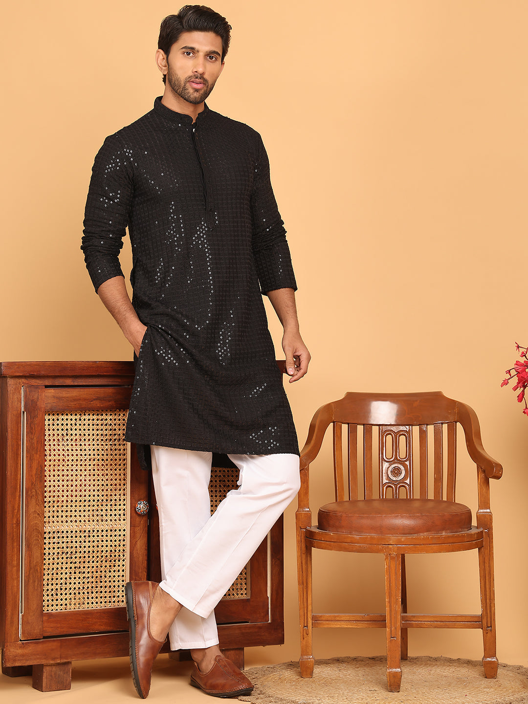 Embroidered &amp; Sequence Kurta Pyjama For Men