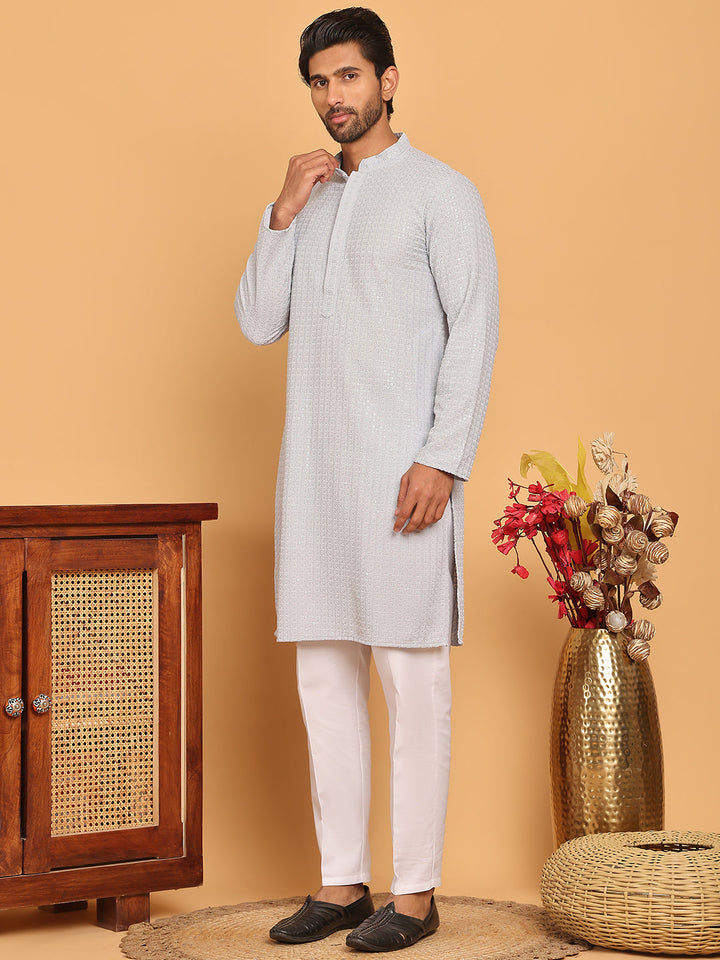 Embroidered &amp; Sequence Kurta Pyjama For Men