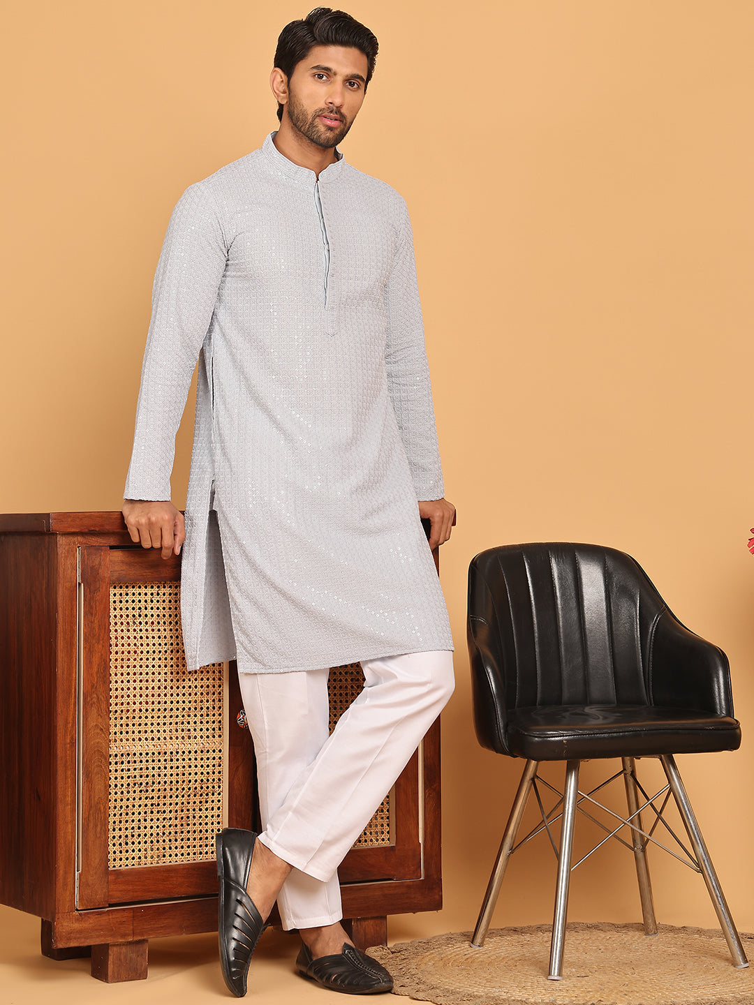 Embroidered &amp; Sequence Kurta Pyjama For Men