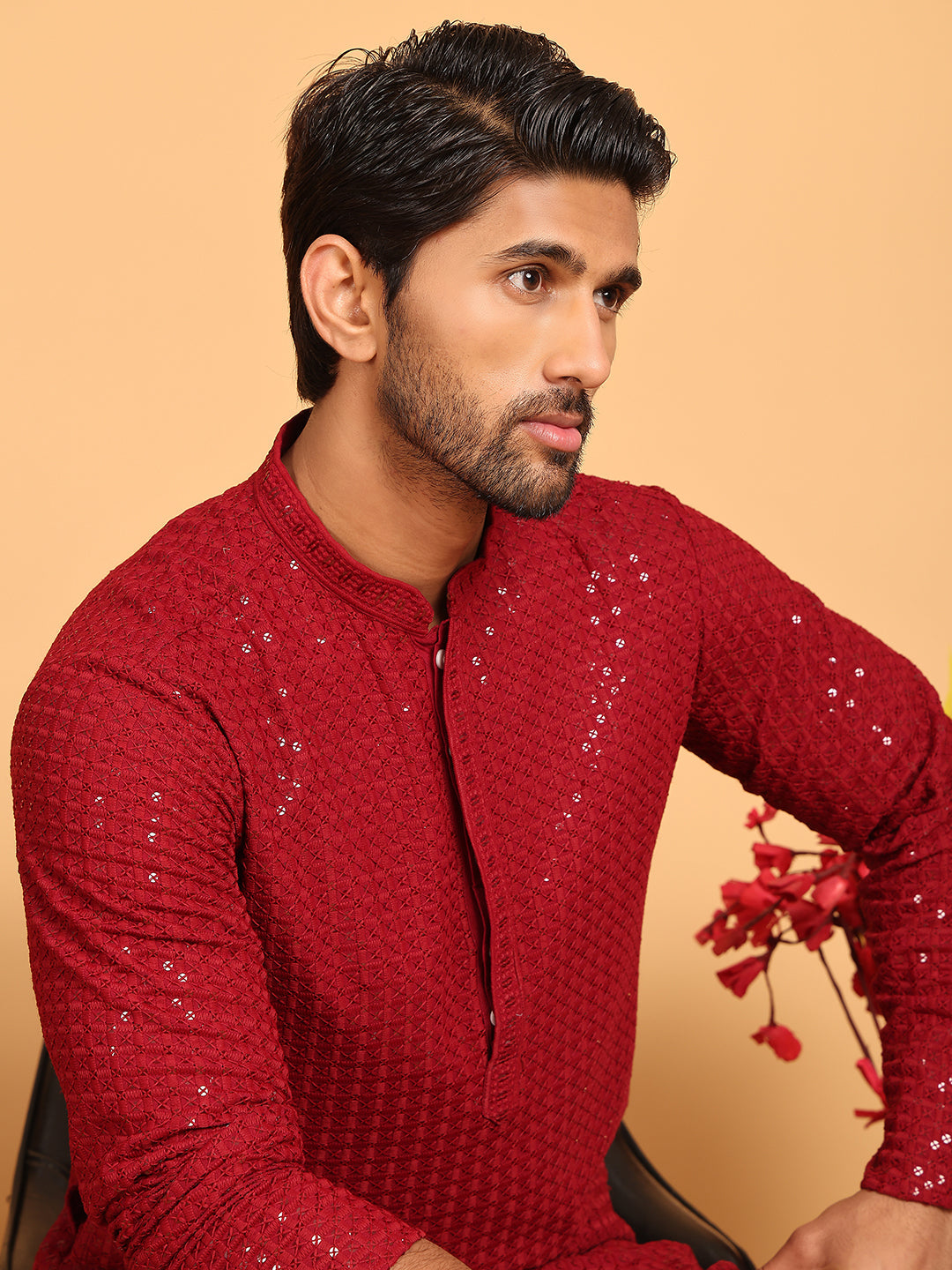 Embroidered &amp; Sequence Kurta Pyjama For Men
