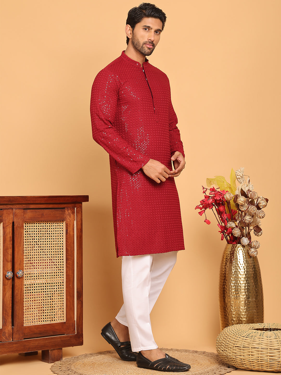 Embroidered &amp; Sequence Kurta Pyjama For Men