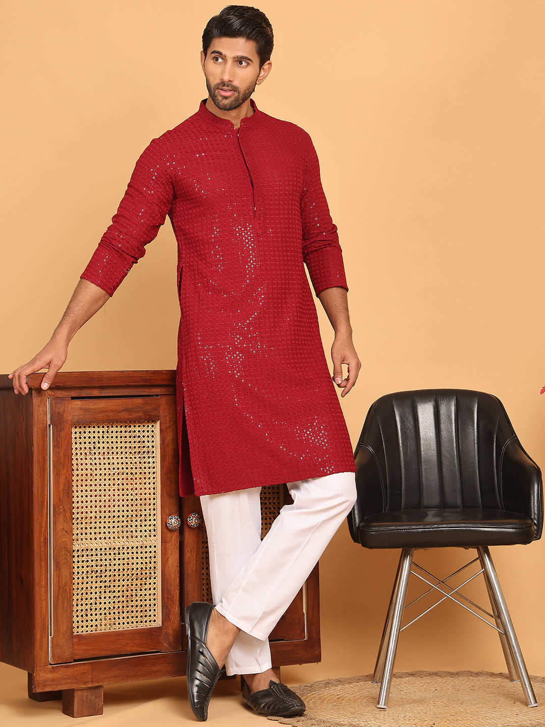 Embroidered &amp; Sequence Kurta Pyjama For Men