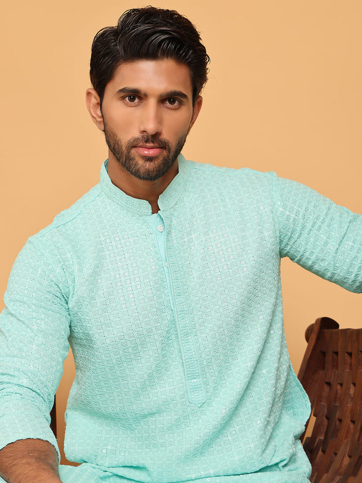 Embroidered &amp; Sequence Kurta Pyjama For Men