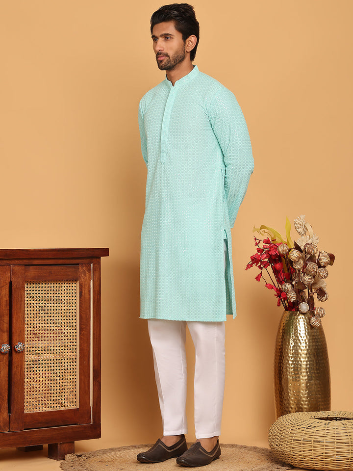 Embroidered &amp; Sequence Kurta Pyjama For Men