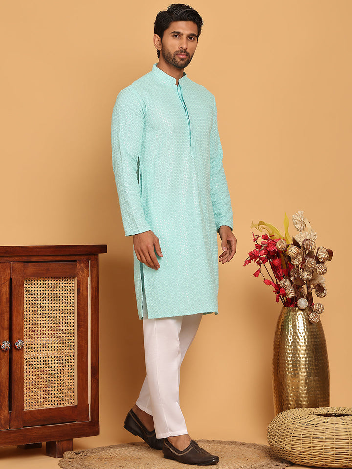 Embroidered &amp; Sequence Kurta Pyjama For Men