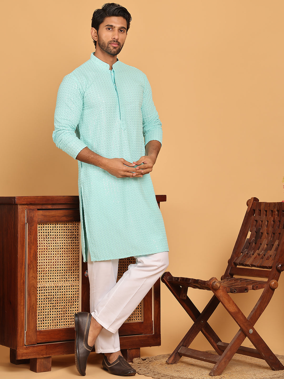 Embroidered &amp; Sequence Kurta Pyjama For Men