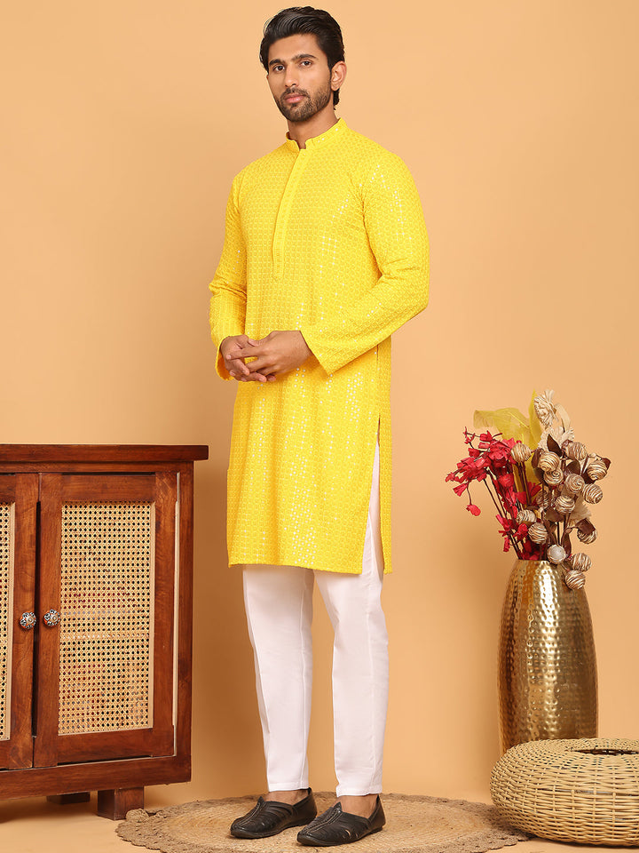 Embroidered &amp; Sequence Kurta Pyjama For Men