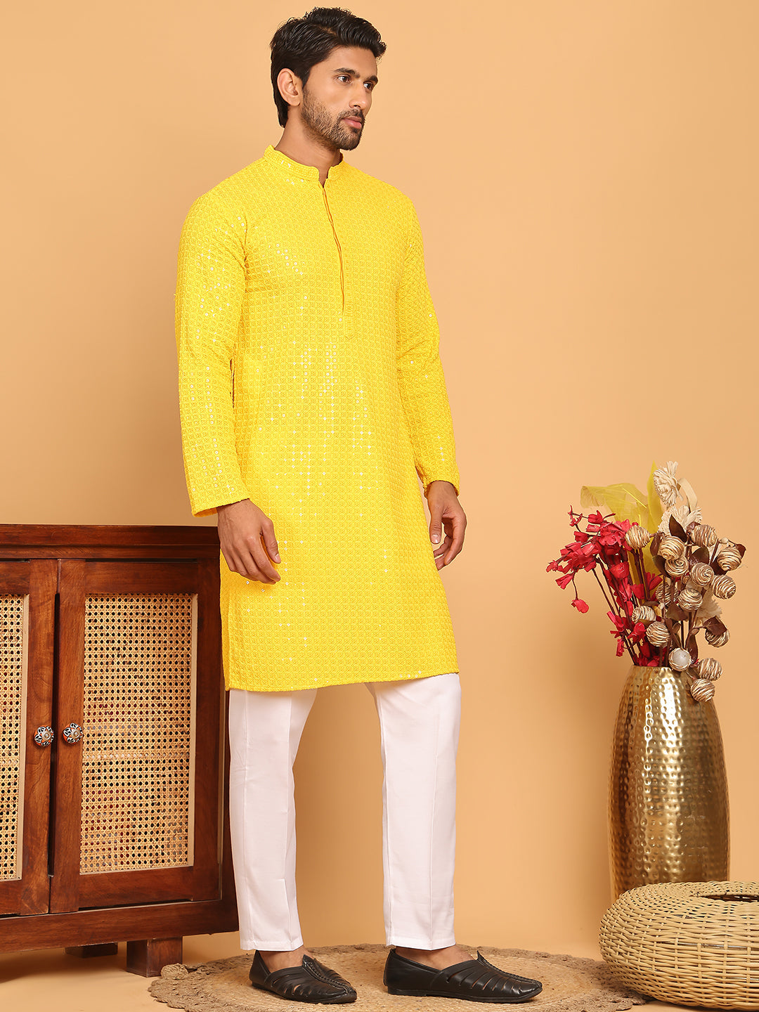 Embroidered &amp; Sequence Kurta Pyjama For Men