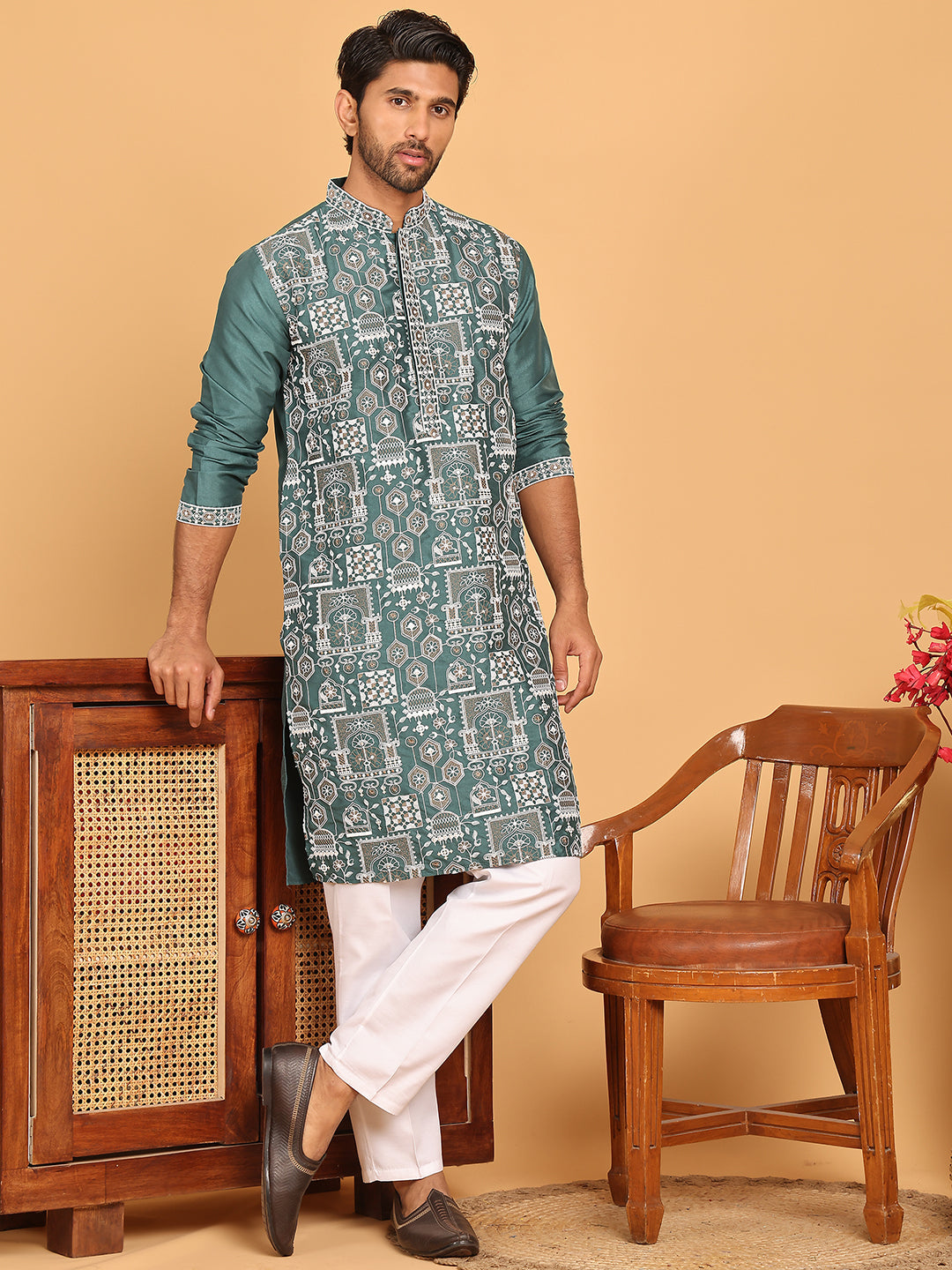 Embroidered Straight Kurta Set For Men