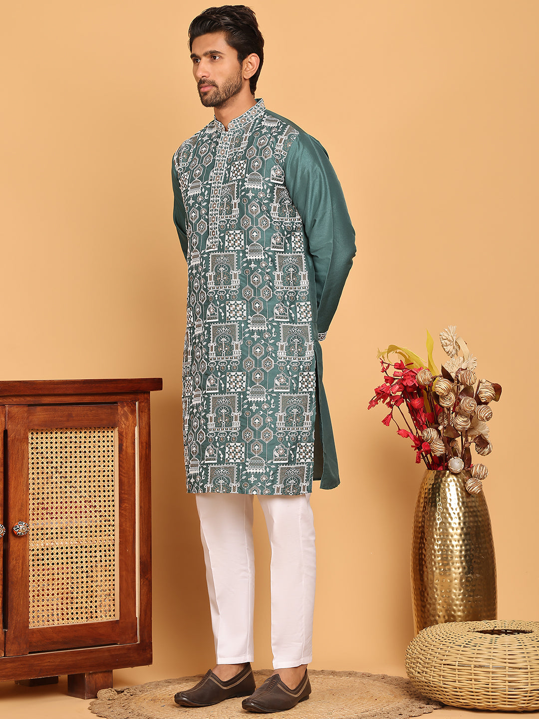 Embroidered Straight Kurta Set For Men