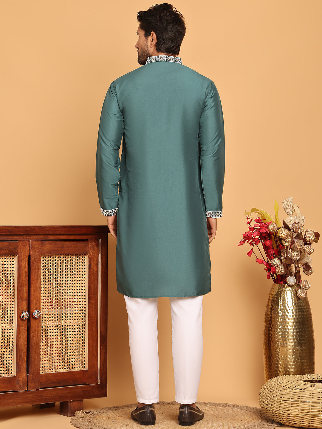Embroidered Straight Kurta Set For Men