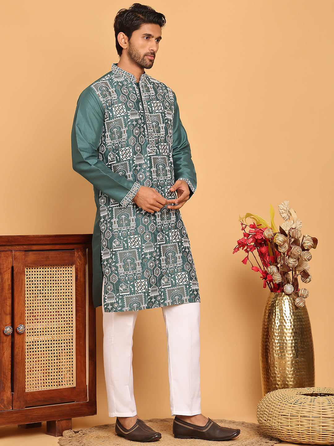 Embroidered Straight Kurta Set For Men