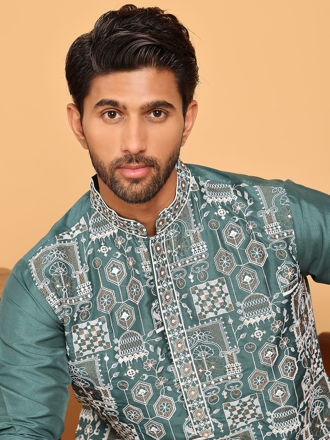 Embroidered Straight Kurta Set For Men