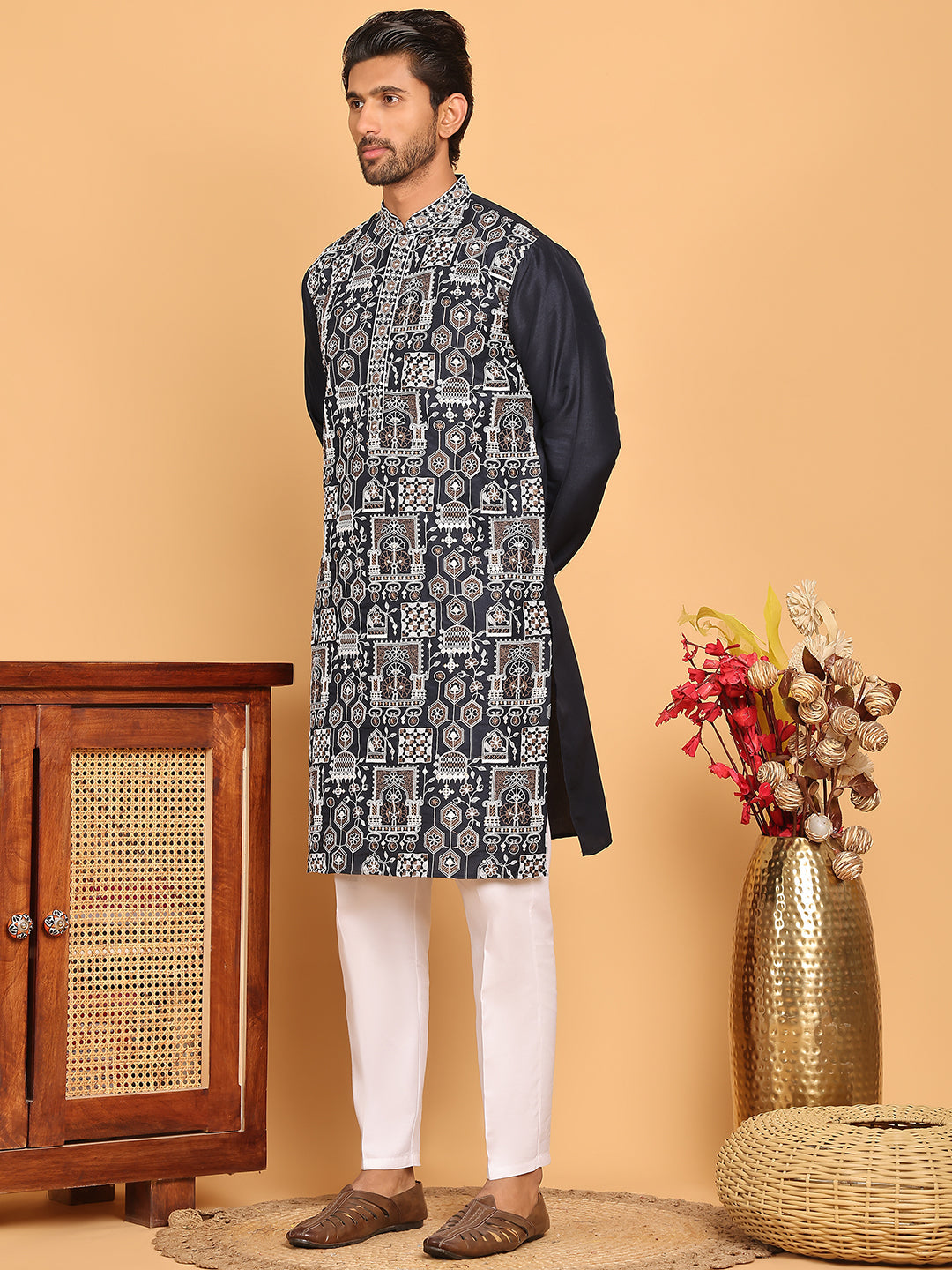 Embroidered Straight Kurta Set For Men