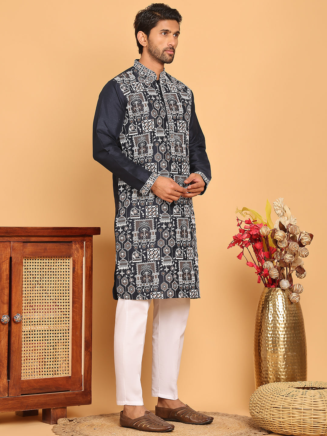 Embroidered Straight Kurta Set For Men